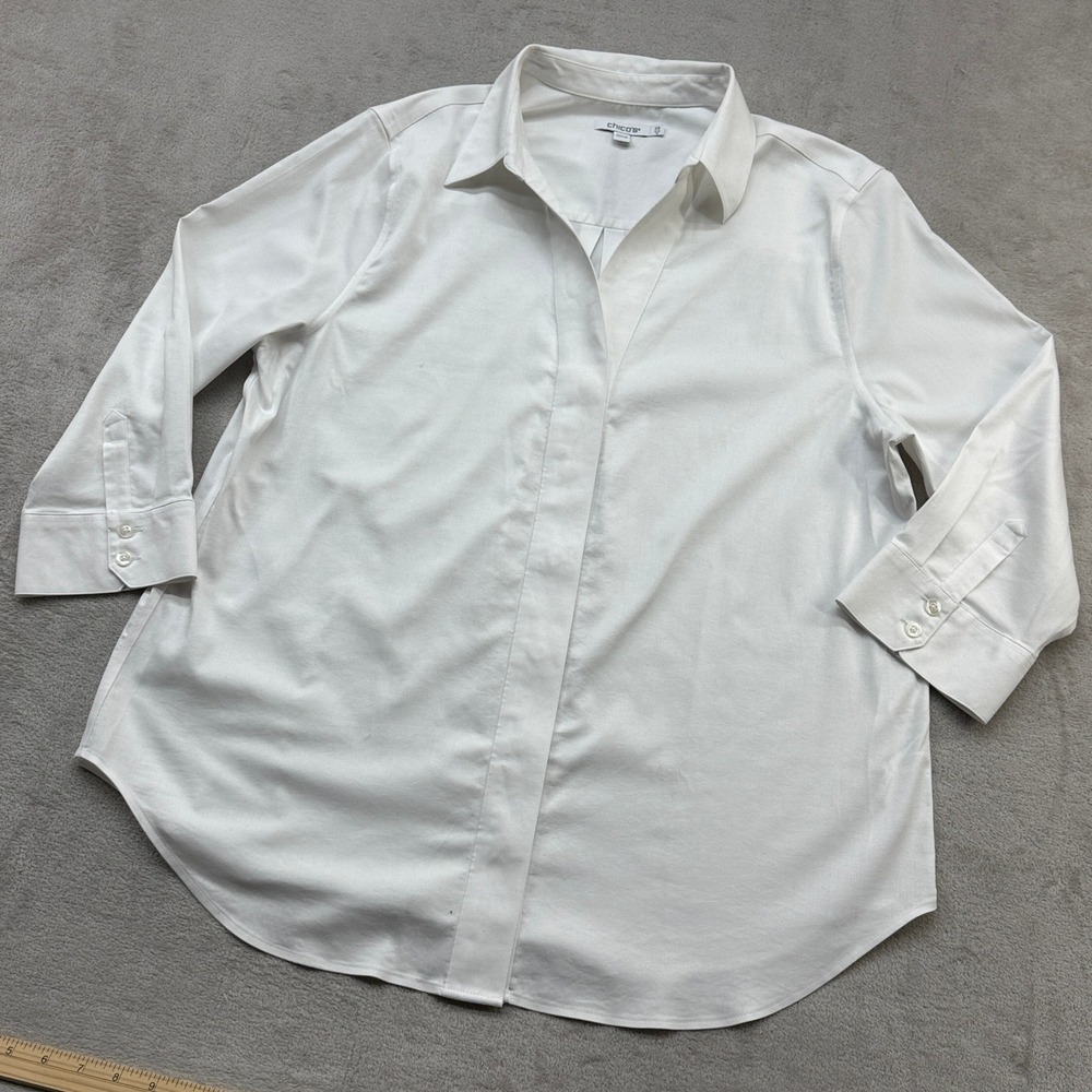 Chico's Button Down Shirt Women 2.5 14R White 3/4 Sleeve Hidden Placket Preppy
